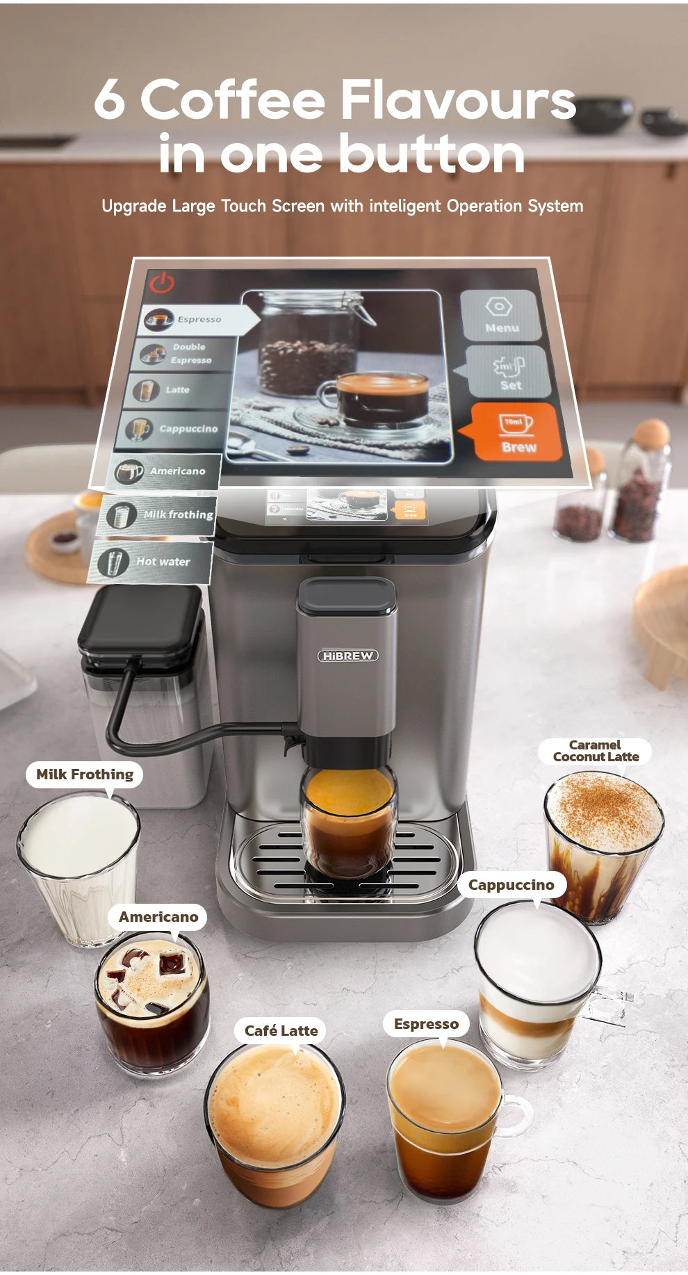 HiBREW Fully Automatic Espresso Machine Cappuccino Milk System 6 Coffee Varieties Intuitive Touch Display With Grinder H16