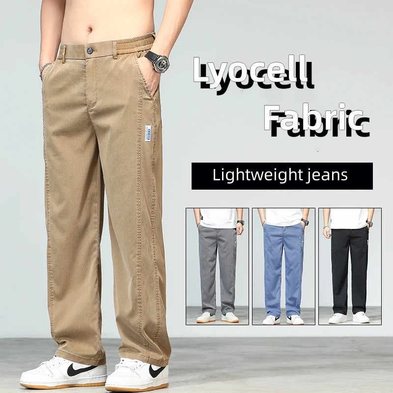 New Summer Lyocell Fabric Men's Jeans Pants Lightweight Straight Loose Quality Sweatpants Casual  Soft Wide Leg Long Trousers