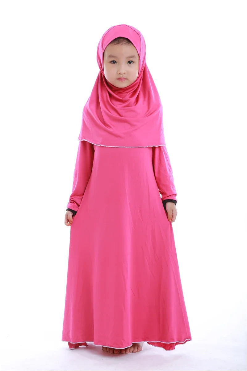 Muslim Kids Girls Prayer Dress Hijab Abaya Robe Arab Dubai Children Ramadan Kaftan Headscarf Islamic Eid Party Gown