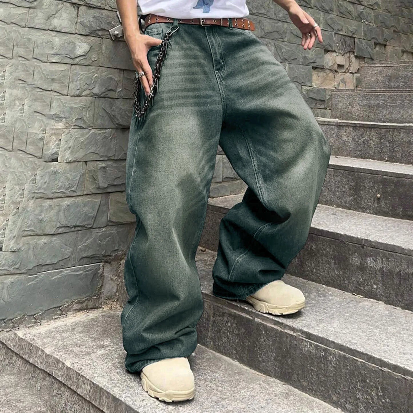 Men Baggy Denim Pants Wide Leg High Waist Belt Casual Trousers Loose Plus Size Stylish Streetwear Men's Hip Hop Streetwear