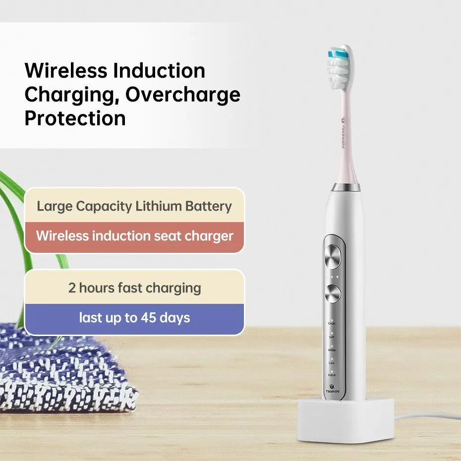 Tongwode Ultrasonic Electric Toothbrush Wireless Charging IPX7 Waterproof Replacement Heads Whitening Teeth Timer Smart Brush