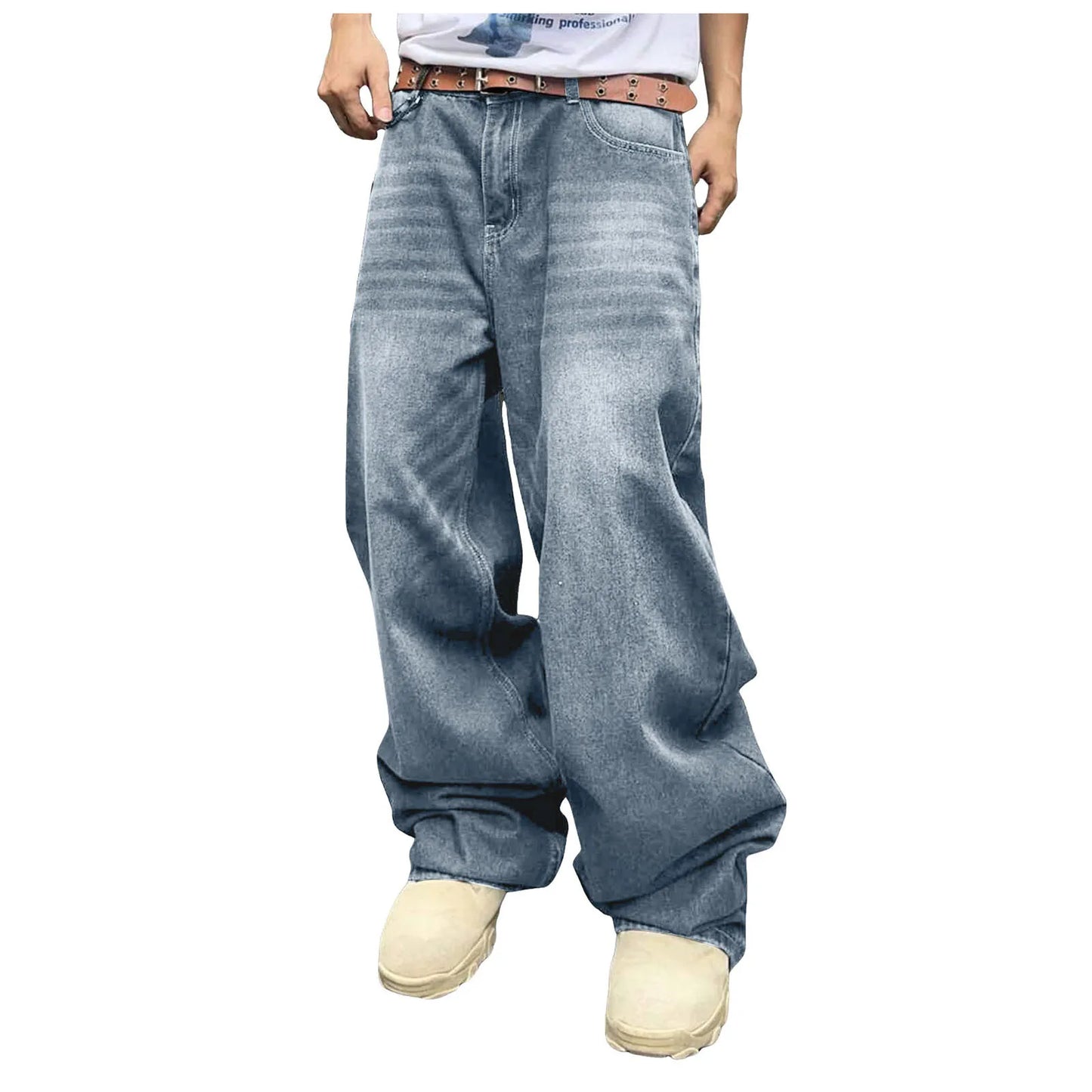 Men Baggy Denim Pants Wide Leg High Waist Belt Casual Trousers Loose Plus Size Stylish Streetwear Men's Hip Hop Streetwear