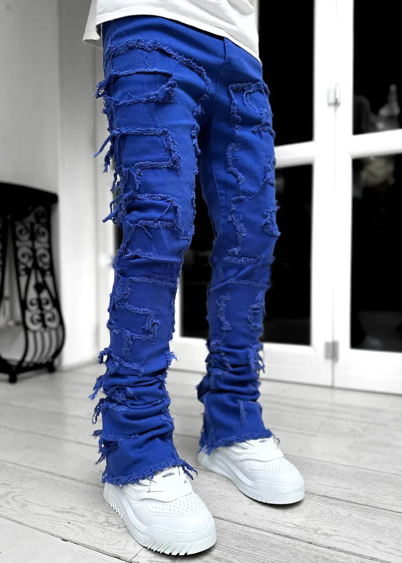 Printing Stretched Men's Stacked Jeans Patchwork Tassel Damaged Trousers For Male High Street Hip-pop Full Length Denim Pants