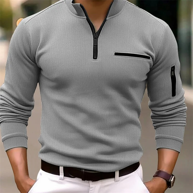 New light luxury light mature casual men sports retro  style striped zipper  arm  fashion men  outdoor  long  sleeve POLO shirt