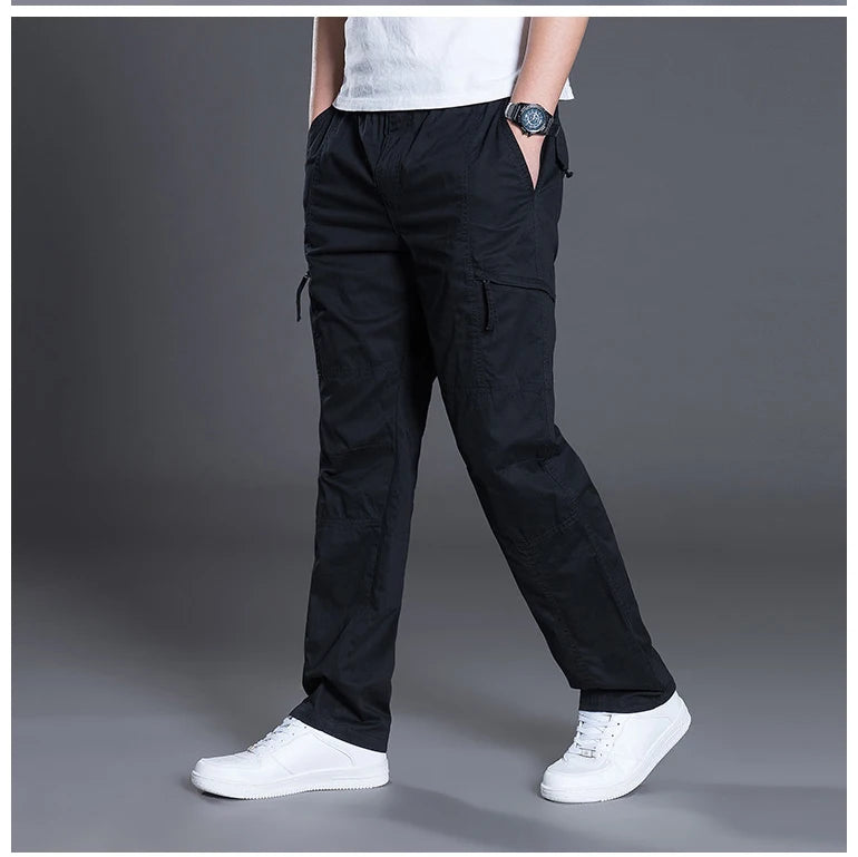 Big Size Men's Cargo Trousers Straight Leg Work Pant Men Loose Fit Cotton Summer Wide Overalls Male Side Multi Pocket Large Size