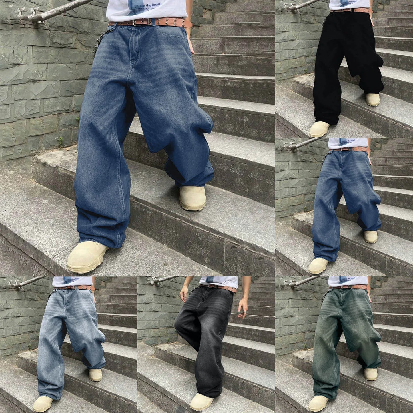 Men Baggy Denim Pants Wide Leg High Waist Belt Casual Trousers Loose Plus Size Stylish Streetwear Men's Hip Hop Streetwear