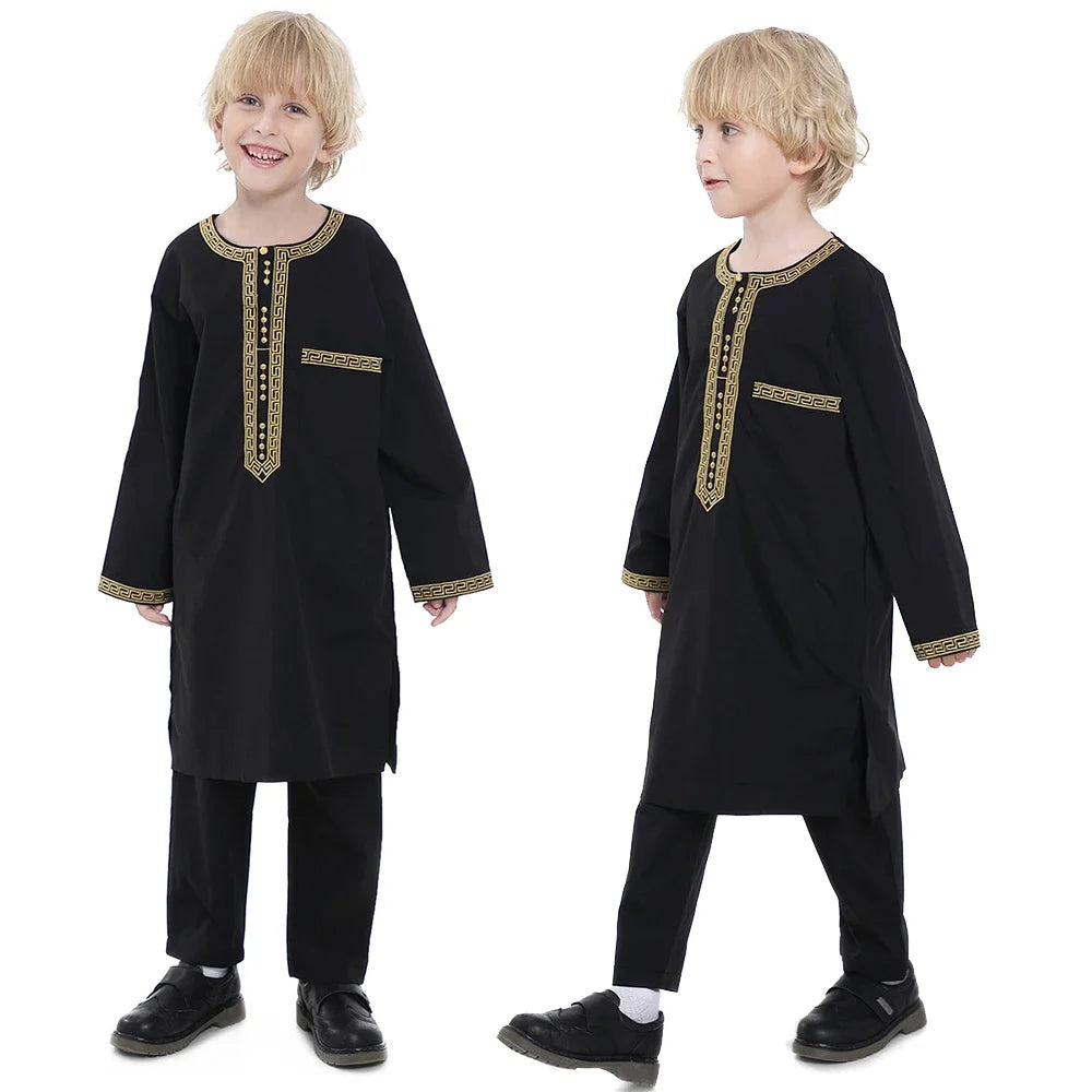 Muslim Children Robe 2 Piece Set Kids Boy Round Neck Long Sleeve Printed Dress Shirt Abaya Kaftan Jubba Thobe Islamic Clothing