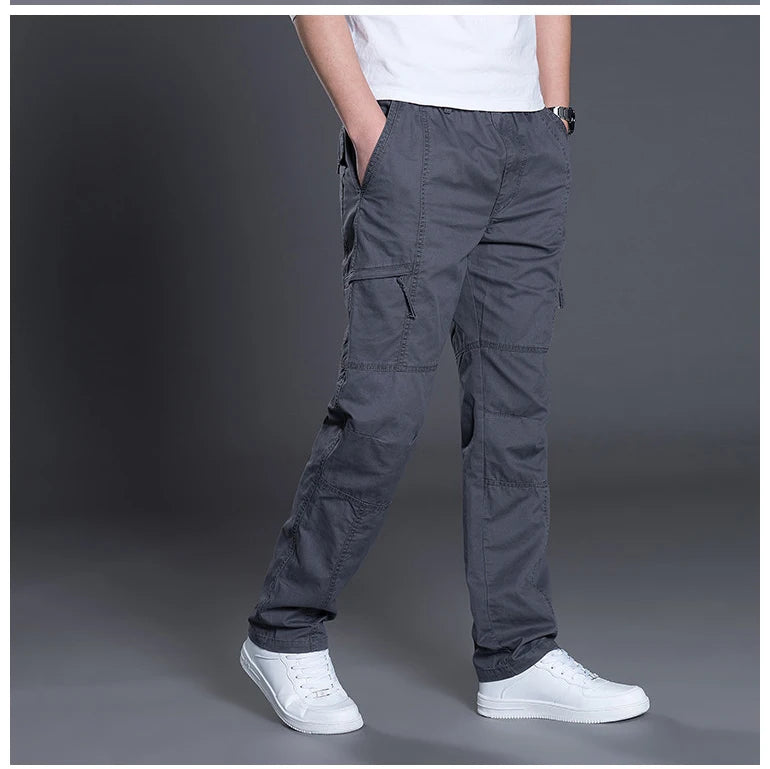 Big Size Men's Cargo Trousers Straight Leg Work Pant Men Loose Fit Cotton Summer Wide Overalls Male Side Multi Pocket Large Size