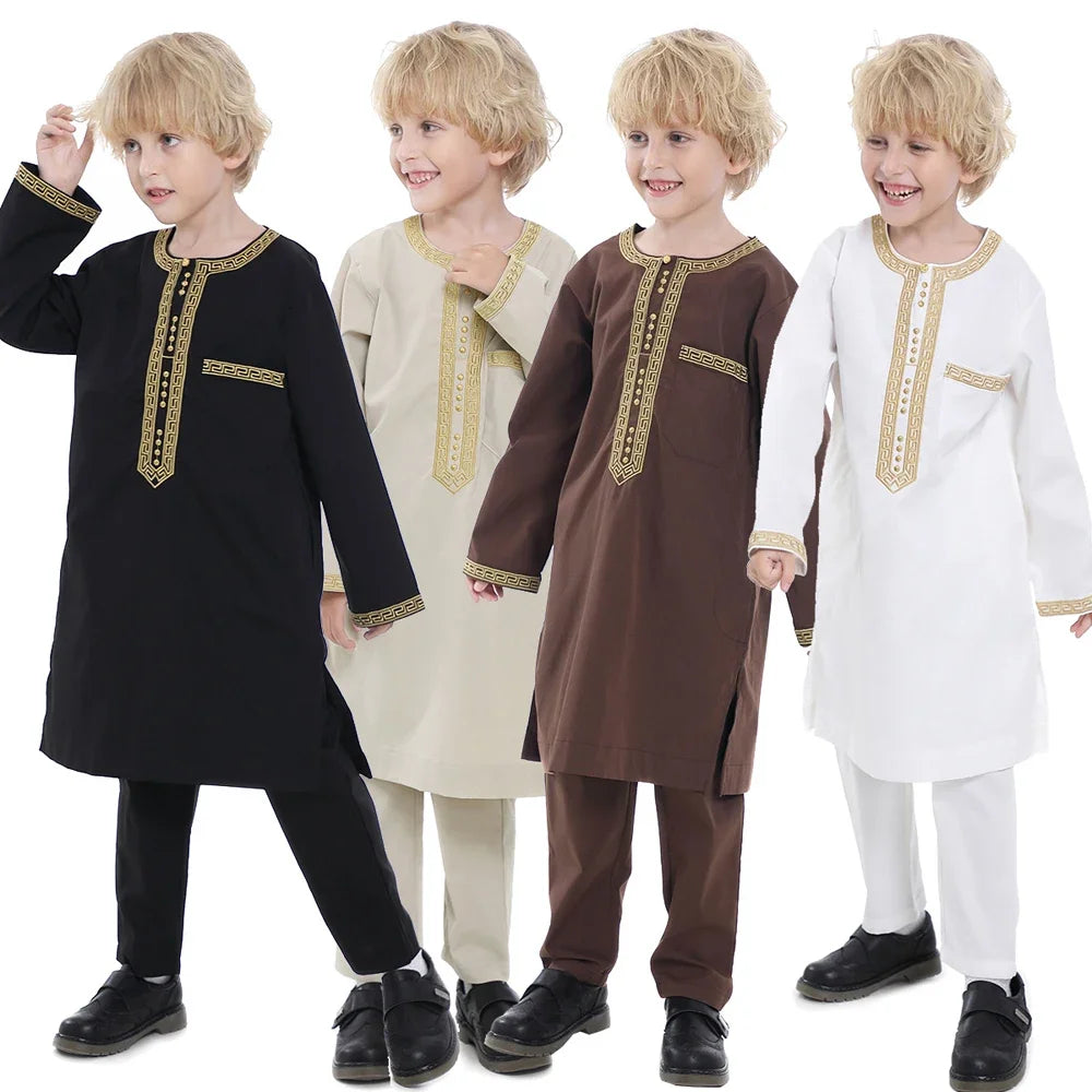 Muslim Children Robe 2 Piece Set Kids Boy Round Neck Long Sleeve Printed Dress Shirt Abaya Kaftan Jubba Thobe Islamic Clothing