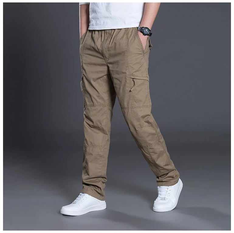 Big Size Men's Cargo Trousers Straight Leg Work Pant Men Loose Fit Cotton Summer Wide Overalls Male Side Multi Pocket Large Size