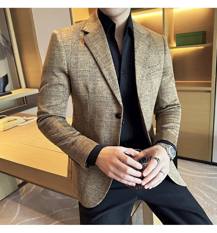 Men's British Style Fashionable Luxury Suit Jacket High-quality Plaid Slim Fit Business Social Blazer Wedding Dress Party Jacket