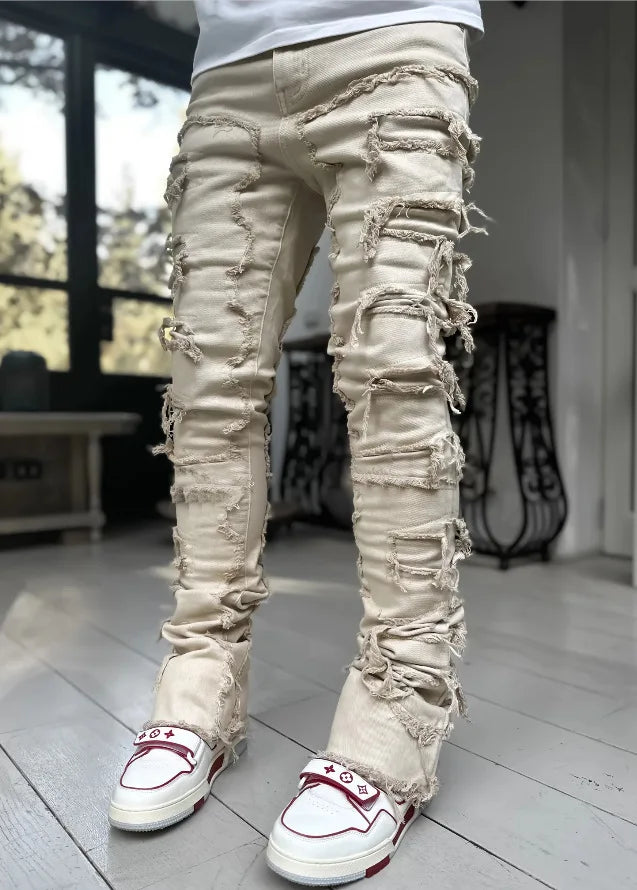 Printing Stretched Men's Stacked Jeans Patchwork Tassel Damaged Trousers For Male High Street Hip-pop Full Length Denim Pants