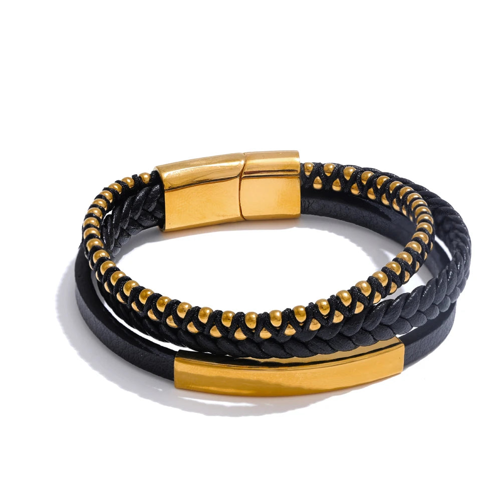 Yhpup 66mm Statement Black Leather Braided Double Layer Retro Bracelet Bangle for Men Stainless Steel Tarnish Resistant Jewelry