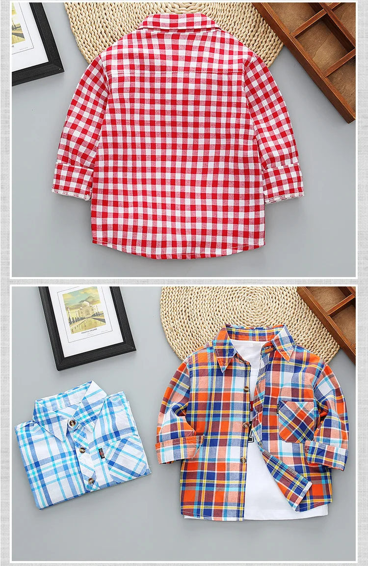 Spring Autumn New Long Sleeve Boys Shirt Classic Plaid Lapel Kids Shirts Top With Pocket Baby Boy Casual Shirt Children Clothing