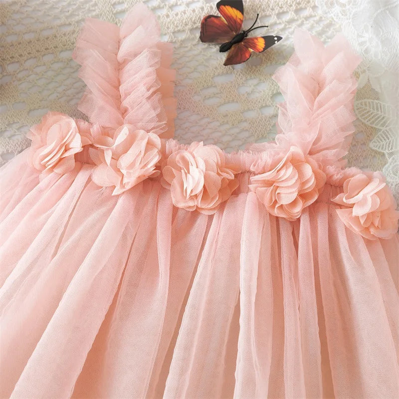 Little Girls Summer Dress for Kids Princess Birthday Party Gown 3D Flower Sling Tutu Wedding Baby Dresses Vintage Floral Clothes