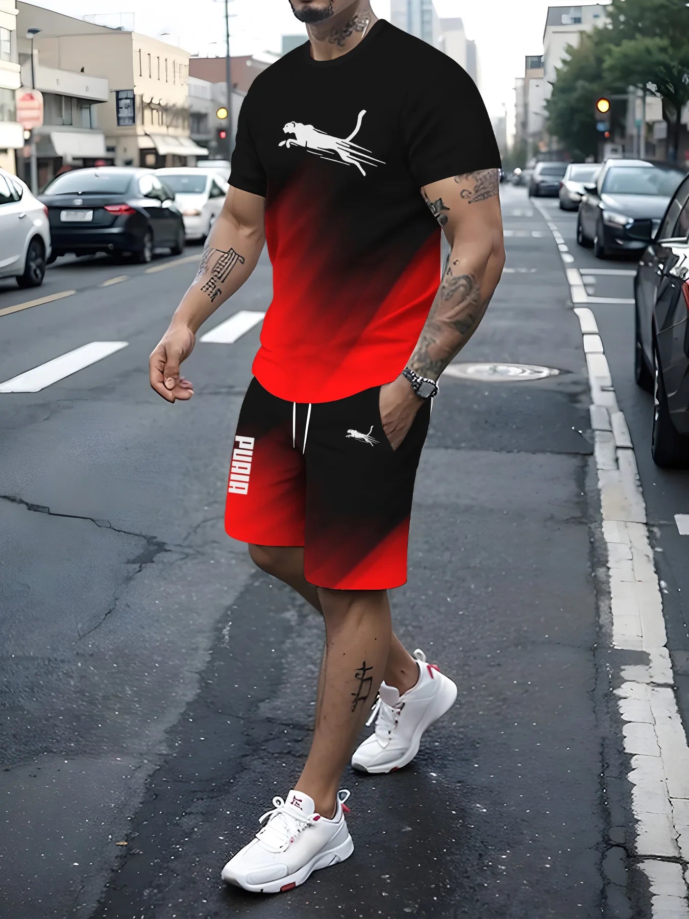 2024 3D gradual change printing men's sportswear fitness suit running casual T-shirt+shorts set breathable jogging sportswear