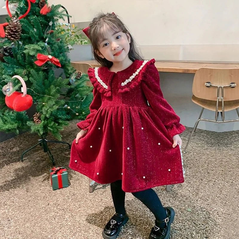 Autumn and Winter Thickening Flip Collar Dress 3-8 Year Old Girl Velvet Pearl Dress New Fashionable Red New Year Clothing