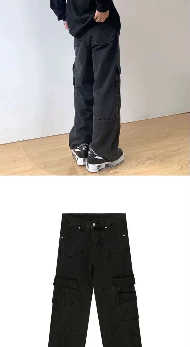 Men's Cargo Pants High Street Multi-pocket Black Gray Work Pants for Men Loose Trousers High Waist Vintage Straight-leg Jeans