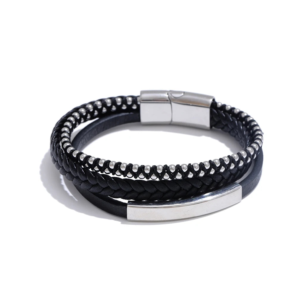 Yhpup 66mm Statement Black Leather Braided Double Layer Retro Bracelet Bangle for Men Stainless Steel Tarnish Resistant Jewelry