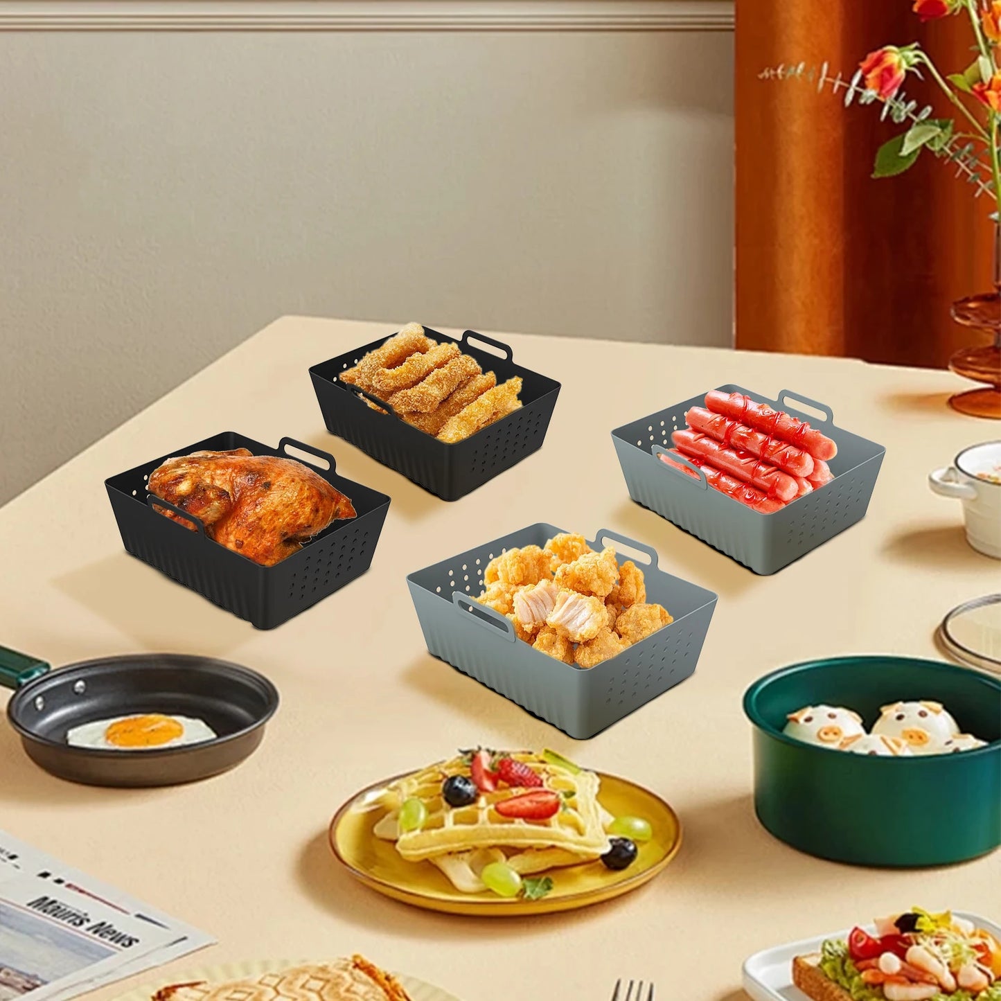 4/2pc Air Fryer Baking Tray Liner Silicone Pot Oven Bake Basket Fried Chicken Pan Pizza Mat Baking Sheet Fruit Veggi Wash Basket