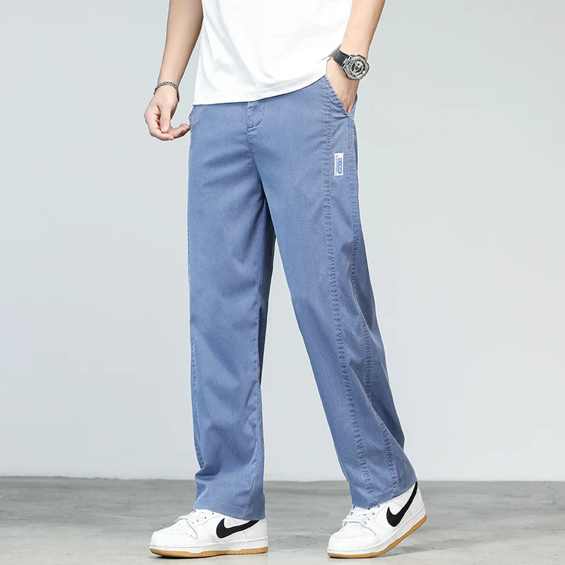 New Summer Lyocell Fabric Men's Jeans Pants Lightweight Straight Loose Quality Sweatpants Casual  Soft Wide Leg Long Trousers