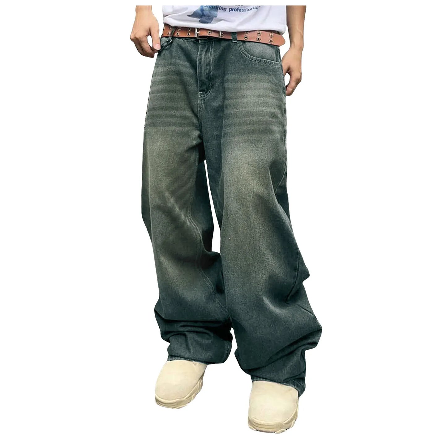 Men Baggy Denim Pants Wide Leg High Waist Belt Casual Trousers Loose Plus Size Stylish Streetwear Men's Hip Hop Streetwear