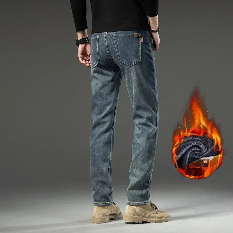 2025 New In Winter Fleece  Warm Jeans Thick Straight  Slim Fit Stretch Fashion Brand Casual Jean Baggy Vintage