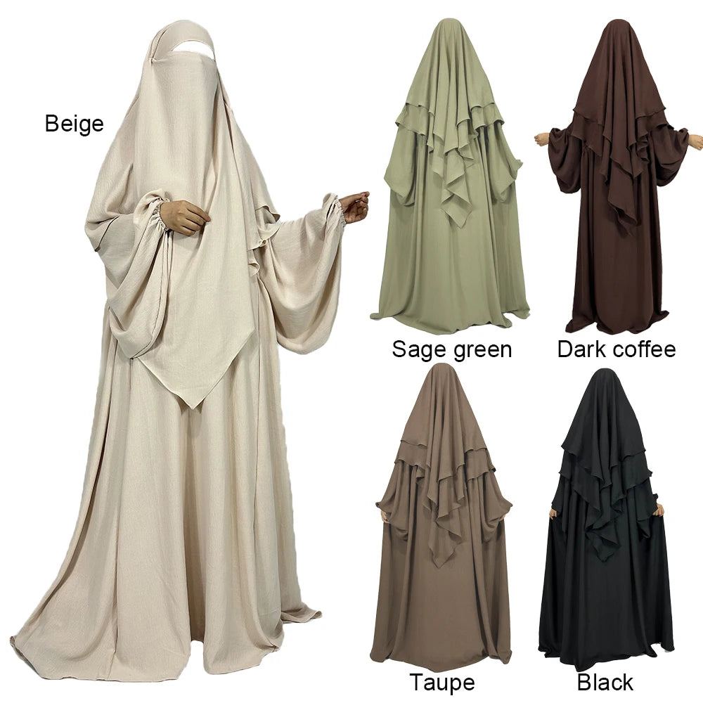 Abaya Khimar Set 2 Piece Jazz Crepe Balloon Sleeve Muslim Dress Women Dubai Luxury Wholesale Prayer Jilbab Islamic Clothing