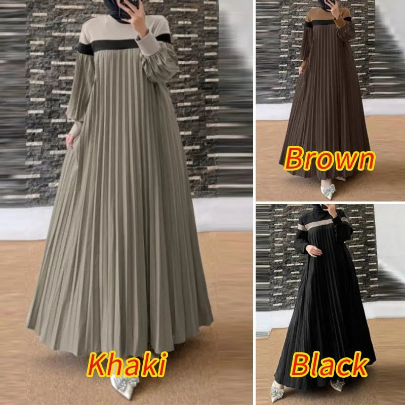 ZANZEA Autumn Long Lantern Sleeve Sundress Women Muslim Dress Turkey Abaya Islamic Dubai Robe Elegant Patchwork Pleated Vestidos