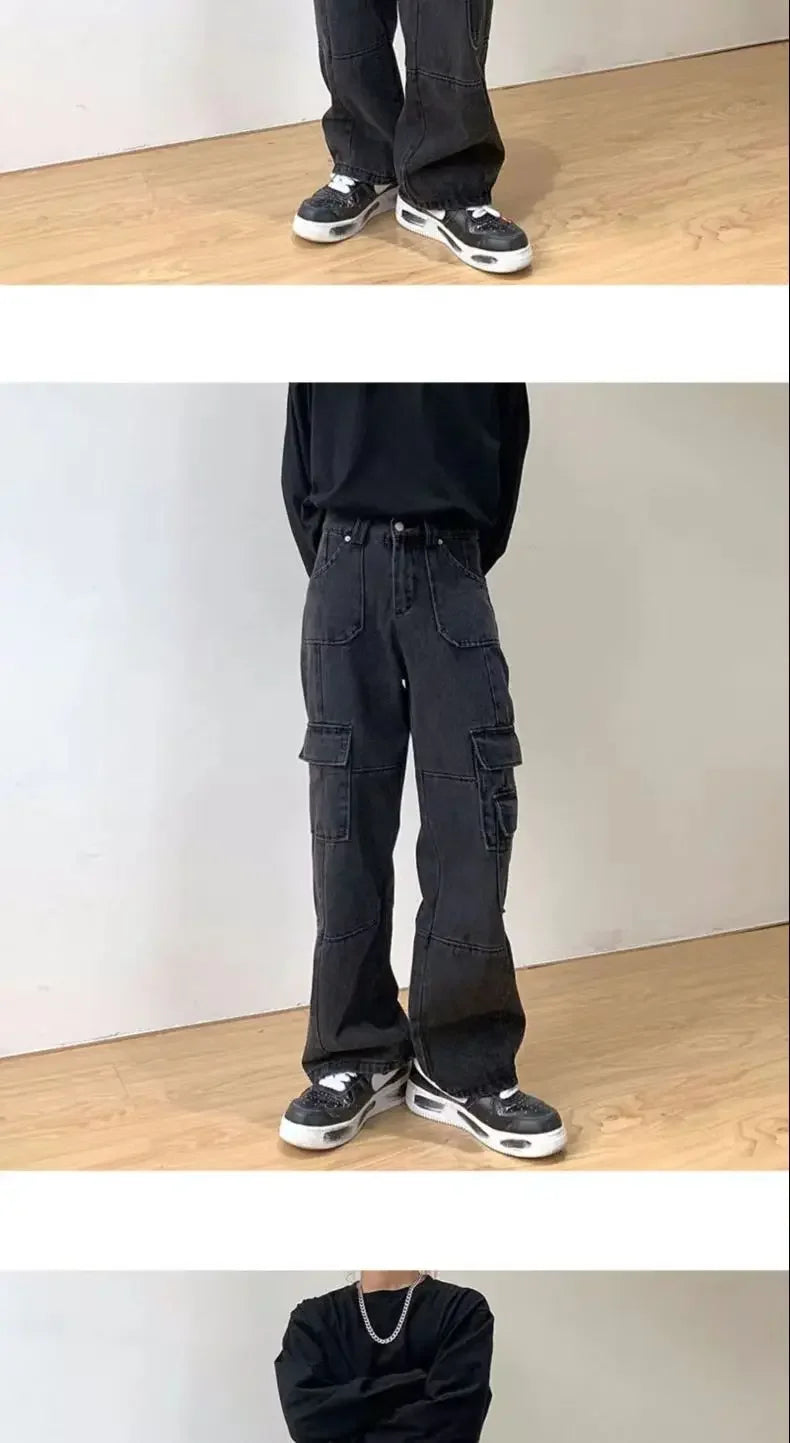 Men's Cargo Pants High Street Multi-pocket Black Gray Work Pants for Men Loose Trousers High Waist Vintage Straight-leg Jeans