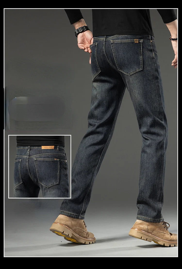 2025 New In Winter Fleece  Warm Jeans Thick Straight  Slim Fit Stretch Fashion Brand Casual Jean Baggy Vintage