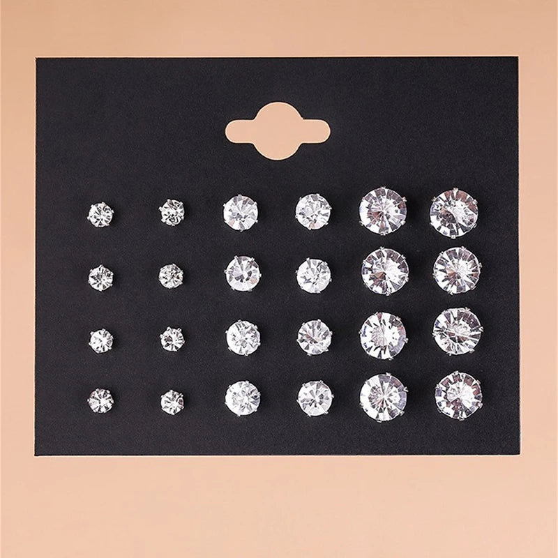 New 12 Pair/Pack White Shiny Wedding Stud Earrings Set For Women Men Crystal Earrings Jewelry Accessories Gifts