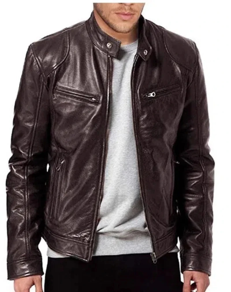 Fall and Winter Men's Leather Jacket Men's Stand-up Collar Jacket Zipper Biker Leather Jacket Casual Slim Leather Jacket