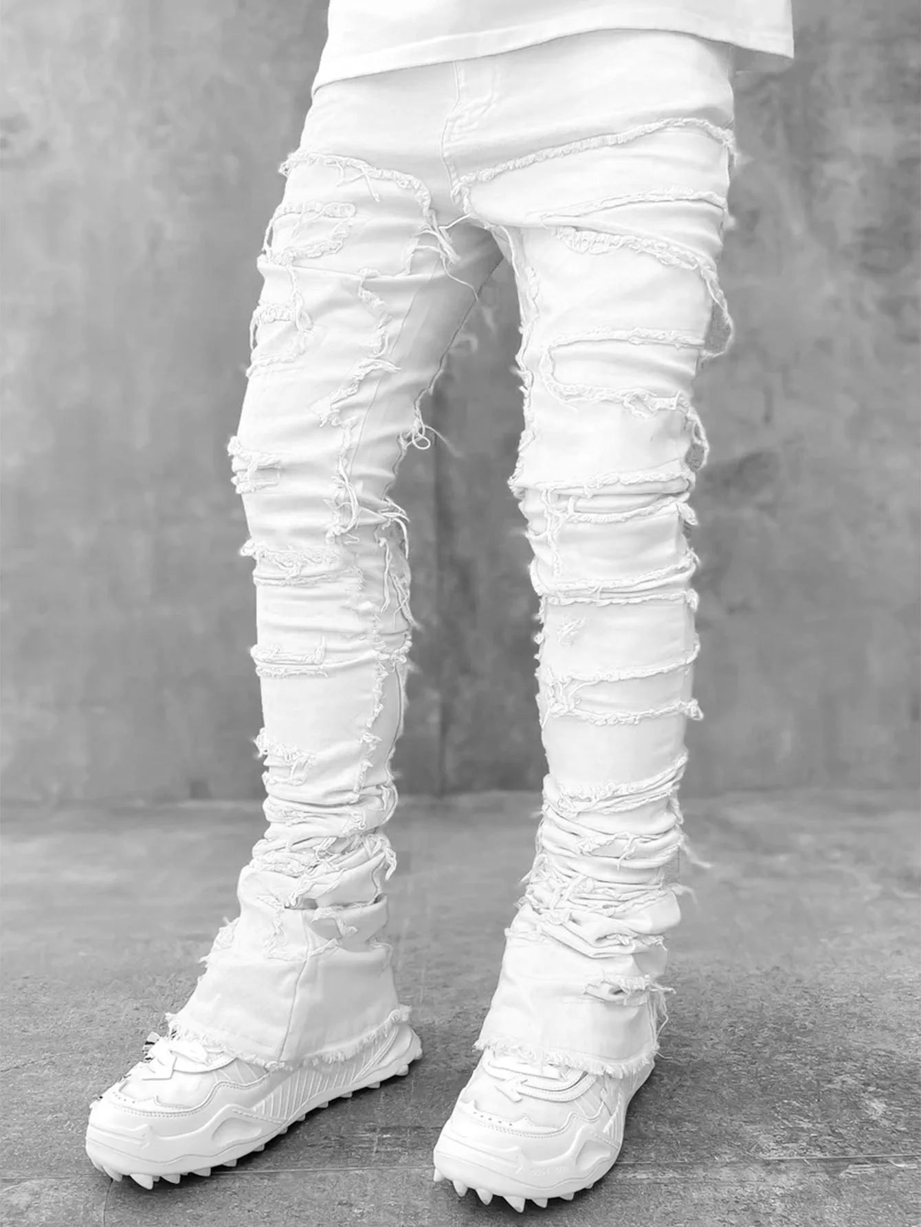 Printing Stretched Men's Stacked Jeans Patchwork Tassel Damaged Trousers For Male High Street Hip-pop Full Length Denim Pants