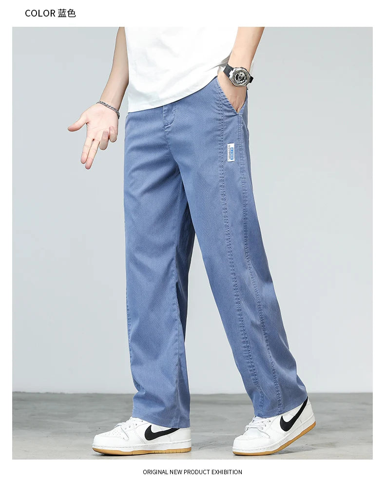 New Summer Lyocell Fabric Men's Jeans Pants Lightweight Straight Loose Quality Sweatpants Casual  Soft Wide Leg Long Trousers