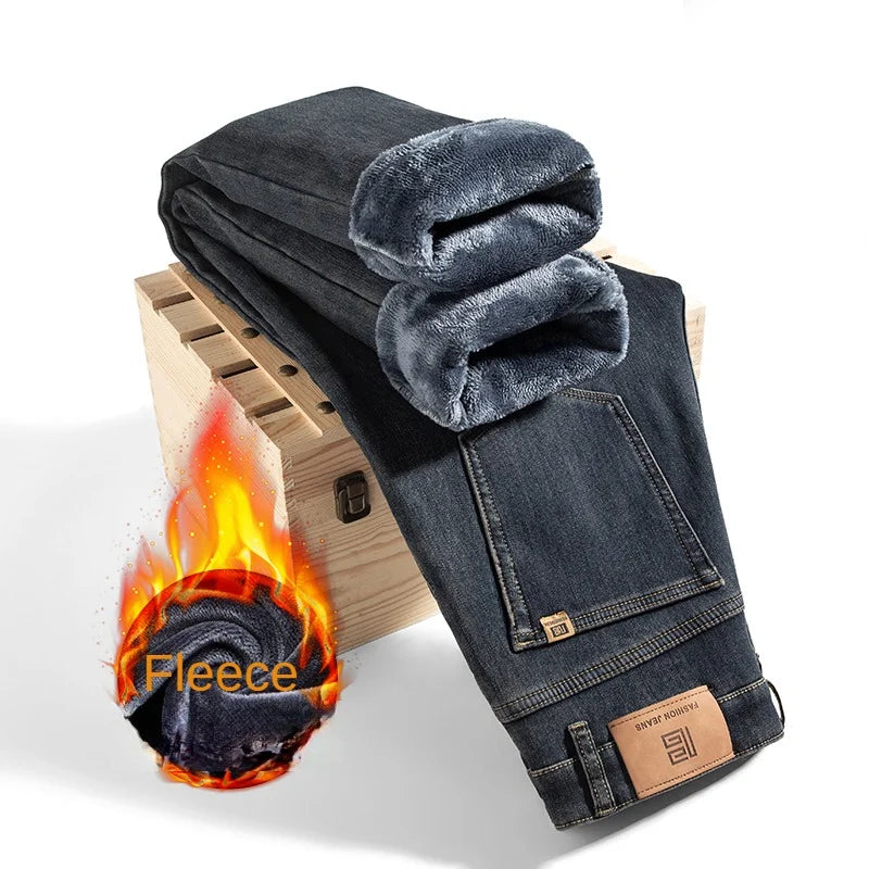 2025 New In Winter Fleece  Warm Jeans Thick Straight  Slim Fit Stretch Fashion Brand Casual Jean Baggy Vintage