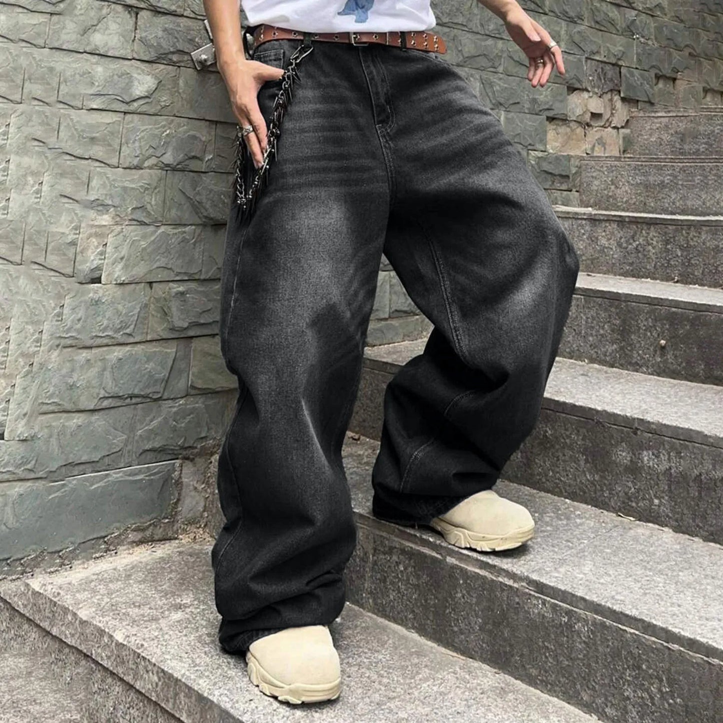 Men Baggy Denim Pants Wide Leg High Waist Belt Casual Trousers Loose Plus Size Stylish Streetwear Men's Hip Hop Streetwear