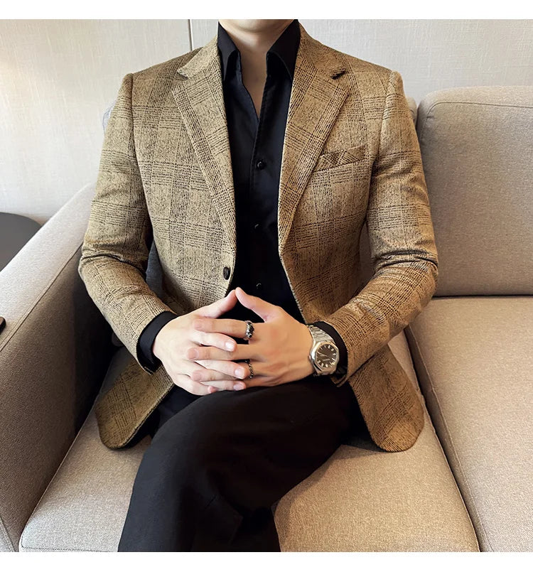 Men's British Style Fashionable Luxury Suit Jacket High-quality Plaid Slim Fit Business Social Blazer Wedding Dress Party Jacket