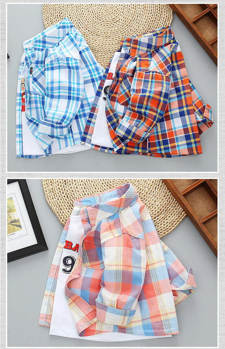 Spring Autumn New Long Sleeve Boys Shirt Classic Plaid Lapel Kids Shirts Top With Pocket Baby Boy Casual Shirt Children Clothing