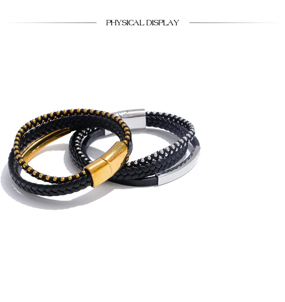 Yhpup 66mm Statement Black Leather Braided Double Layer Retro Bracelet Bangle for Men Stainless Steel Tarnish Resistant Jewelry