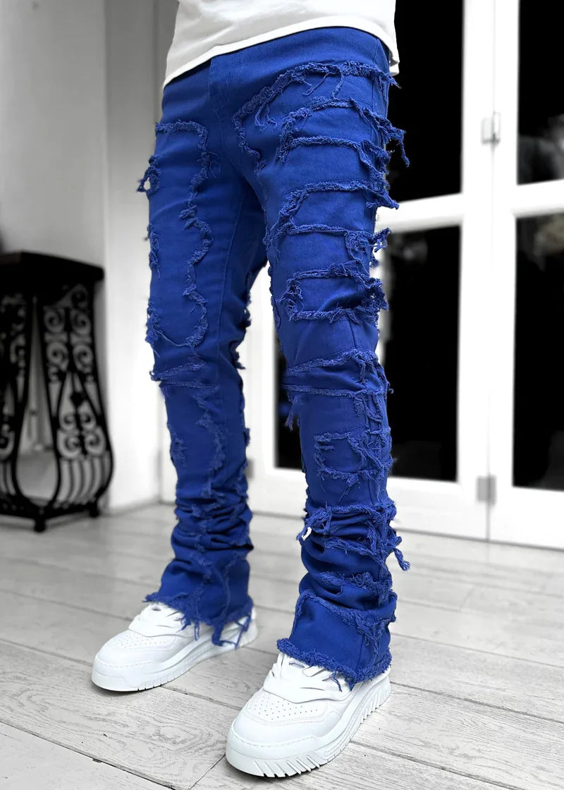 Printing Stretched Men's Stacked Jeans Patchwork Tassel Damaged Trousers For Male High Street Hip-pop Full Length Denim Pants