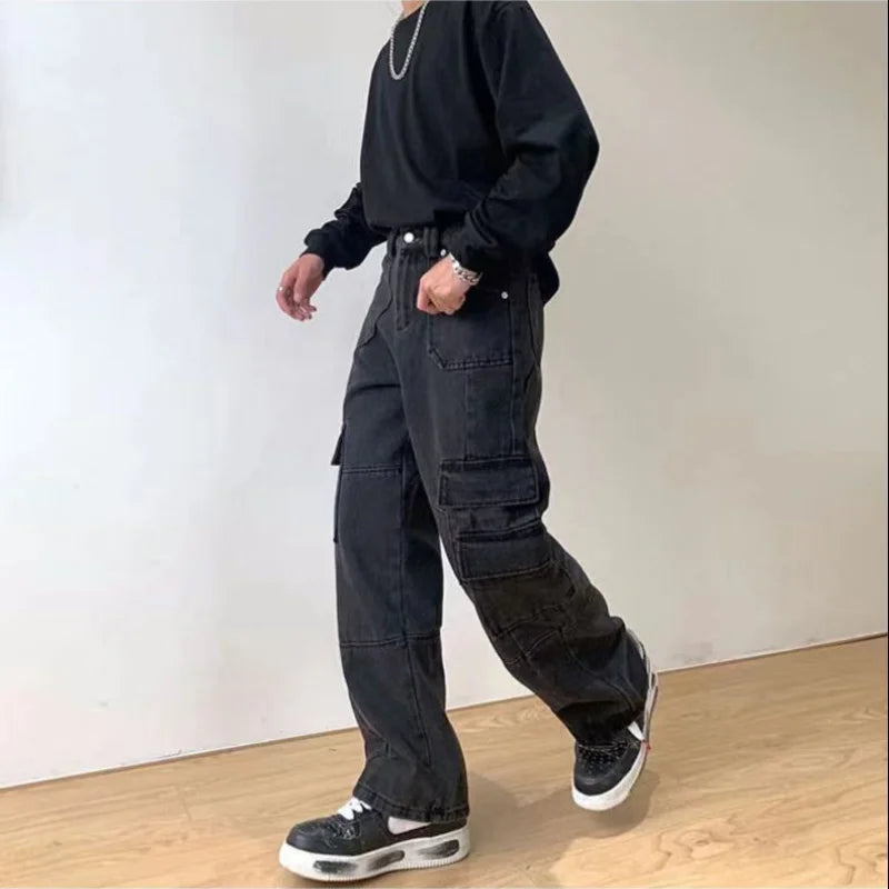 Men's Cargo Pants High Street Multi-pocket Black Gray Work Pants for Men Loose Trousers High Waist Vintage Straight-leg Jeans