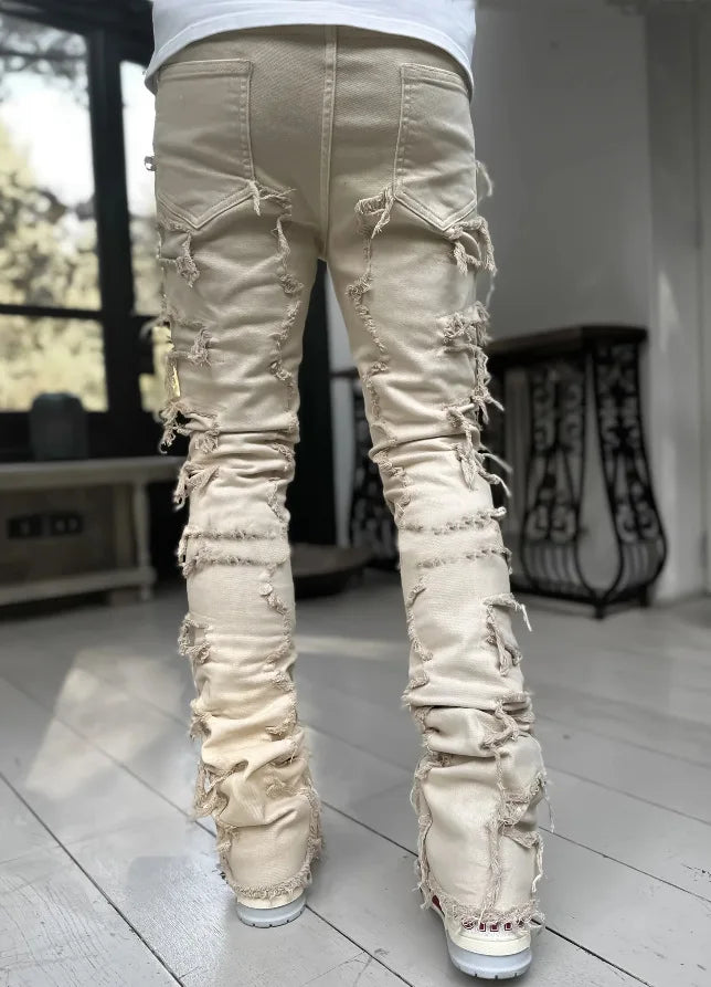 Printing Stretched Men's Stacked Jeans Patchwork Tassel Damaged Trousers For Male High Street Hip-pop Full Length Denim Pants