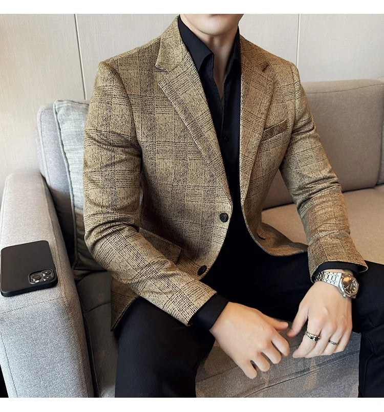 Men's British Style Fashionable Luxury Suit Jacket High-quality Plaid Slim Fit Business Social Blazer Wedding Dress Party Jacket