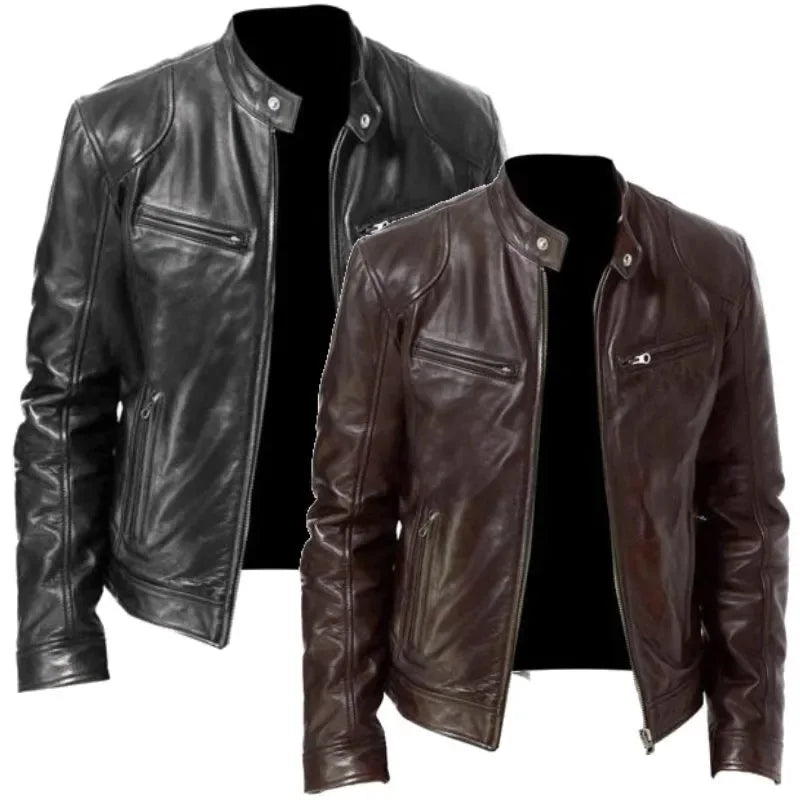 Fall and Winter Men's Leather Jacket Men's Stand-up Collar Jacket Zipper Biker Leather Jacket Casual Slim Leather Jacket