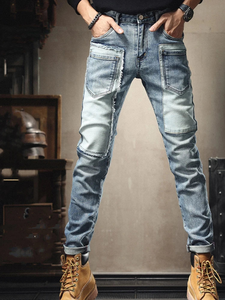 2023 Fashion Mens Jeans Autumn Patch Light Blue Trend Loose Pants Elastic Streetwear Boyfriend Biker Man Straight Denim Trousers