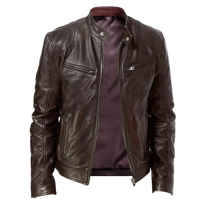 Fall and Winter Men's Leather Jacket Men's Stand-up Collar Jacket Zipper Biker Leather Jacket Casual Slim Leather Jacket