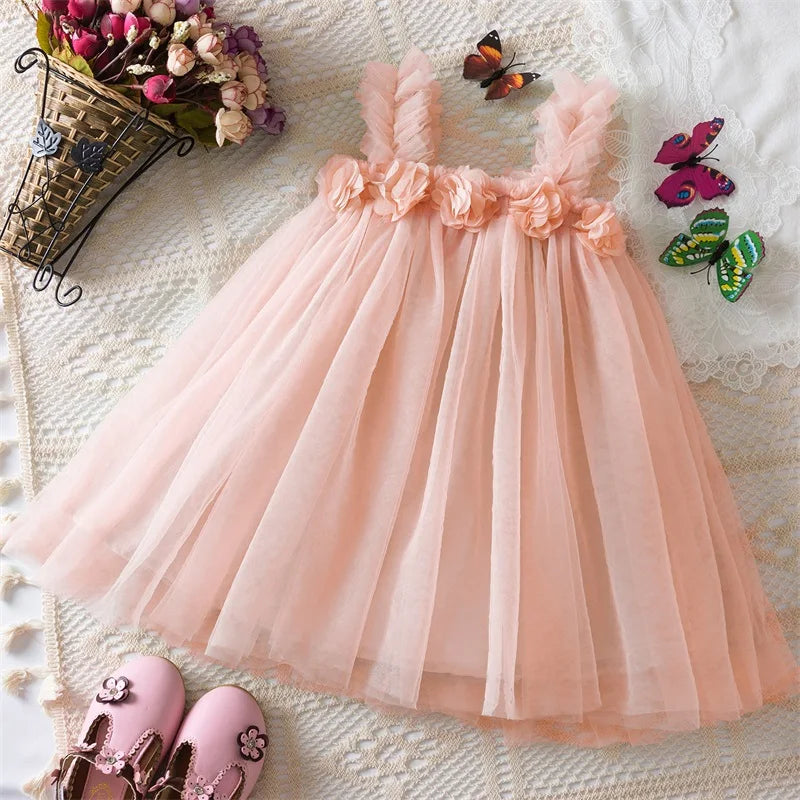 Little Girls Summer Dress for Kids Princess Birthday Party Gown 3D Flower Sling Tutu Wedding Baby Dresses Vintage Floral Clothes