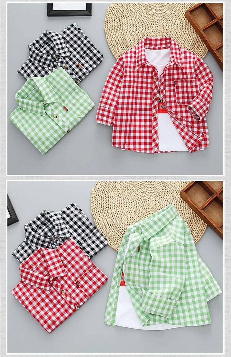 Spring Autumn New Long Sleeve Boys Shirt Classic Plaid Lapel Kids Shirts Top With Pocket Baby Boy Casual Shirt Children Clothing