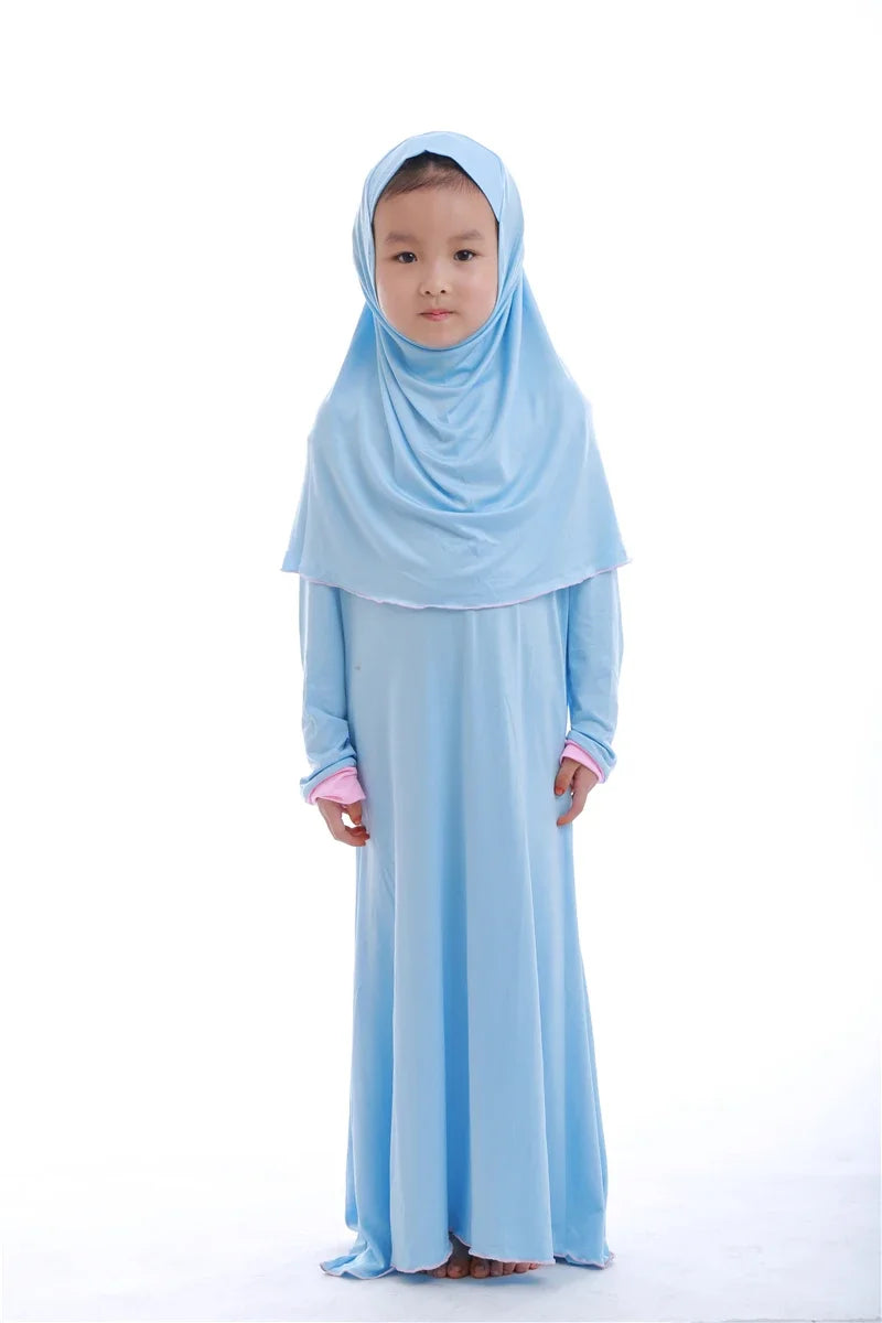 Muslim Kids Girls Prayer Dress Hijab Abaya Robe Arab Dubai Children Ramadan Kaftan Headscarf Islamic Eid Party Gown